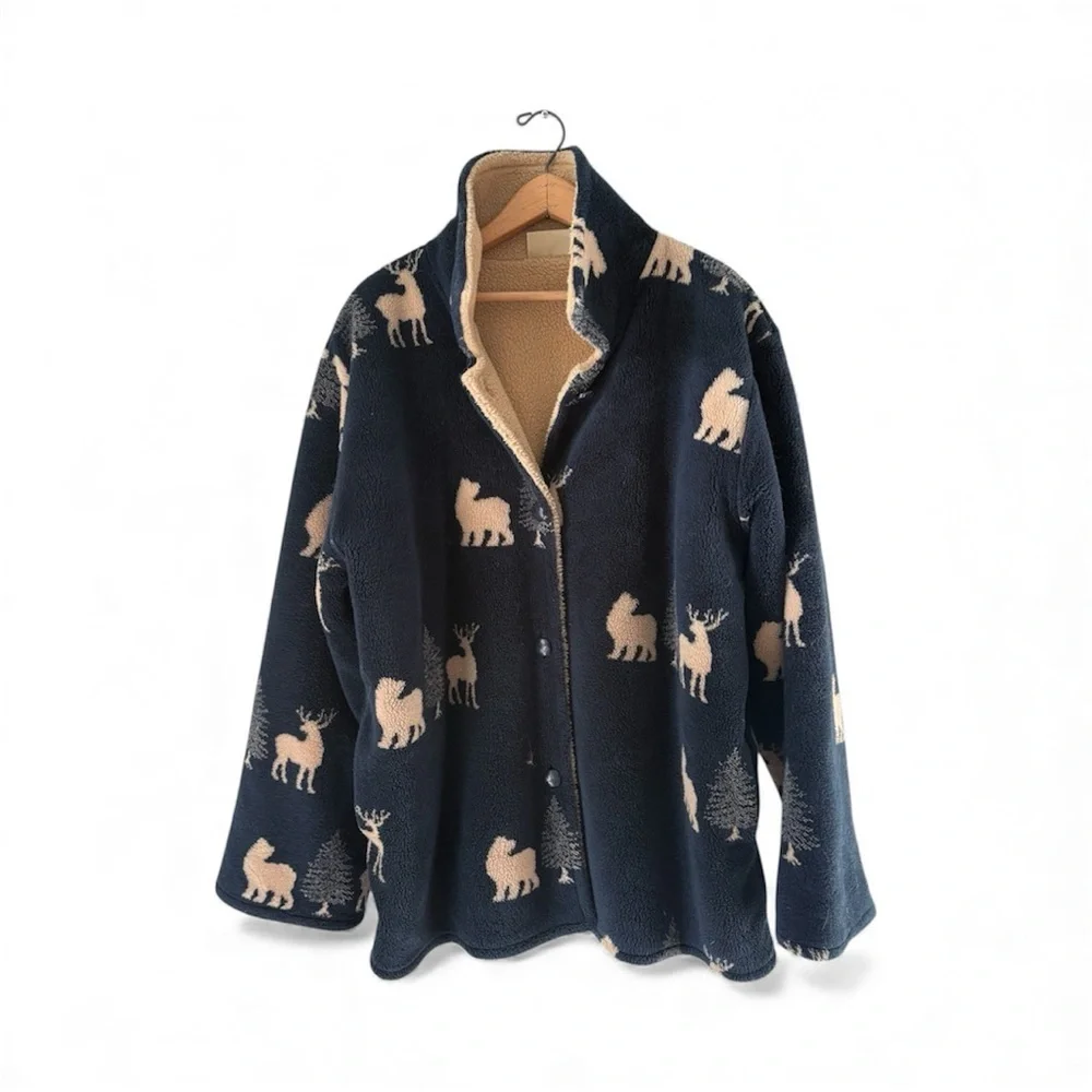 Vintage St. John’s Bay Sherpa Lined Fleece Jacket Navy Wildlife Print 1X